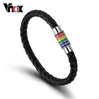 Black Genuine Leather LGBT Rainbow Bracelet Bangle