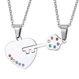 Rainbow Rhinestone Lock & Key Couple Necklace Pair
