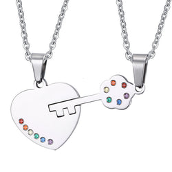 Rainbow Rhinestone Lock & Key Couple Necklace Pair