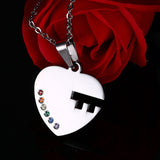 Rainbow Rhinestone Lock & Key Couple Necklace Pair