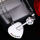 Rainbow Rhinestone Lock & Key Couple Necklace Pair